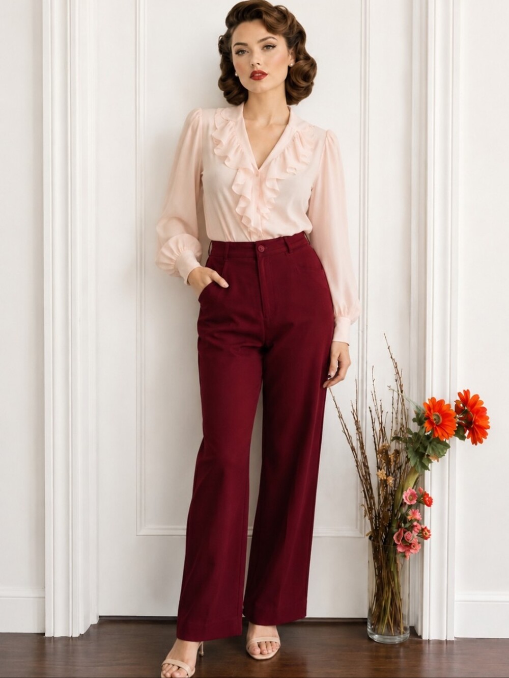 Tanjay | Vintage Burgundy Faux Suede Pants | High Rise Trousers